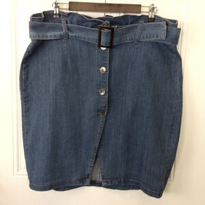 Traffic Jean Wear button front blue denim paper bag front waist skirt with belt